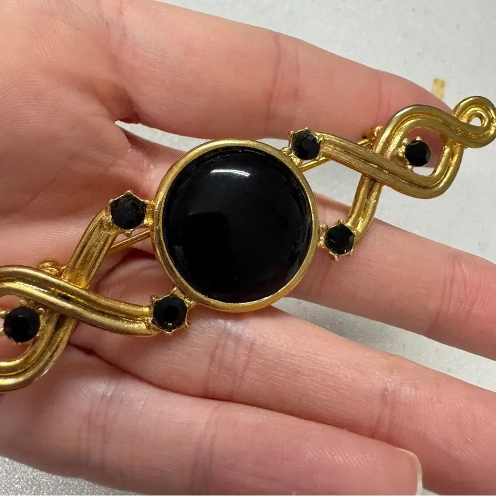 Dauplaise Vintage Gold Tone Black Glass Bead & Rhinestone Brooch Pin Estate